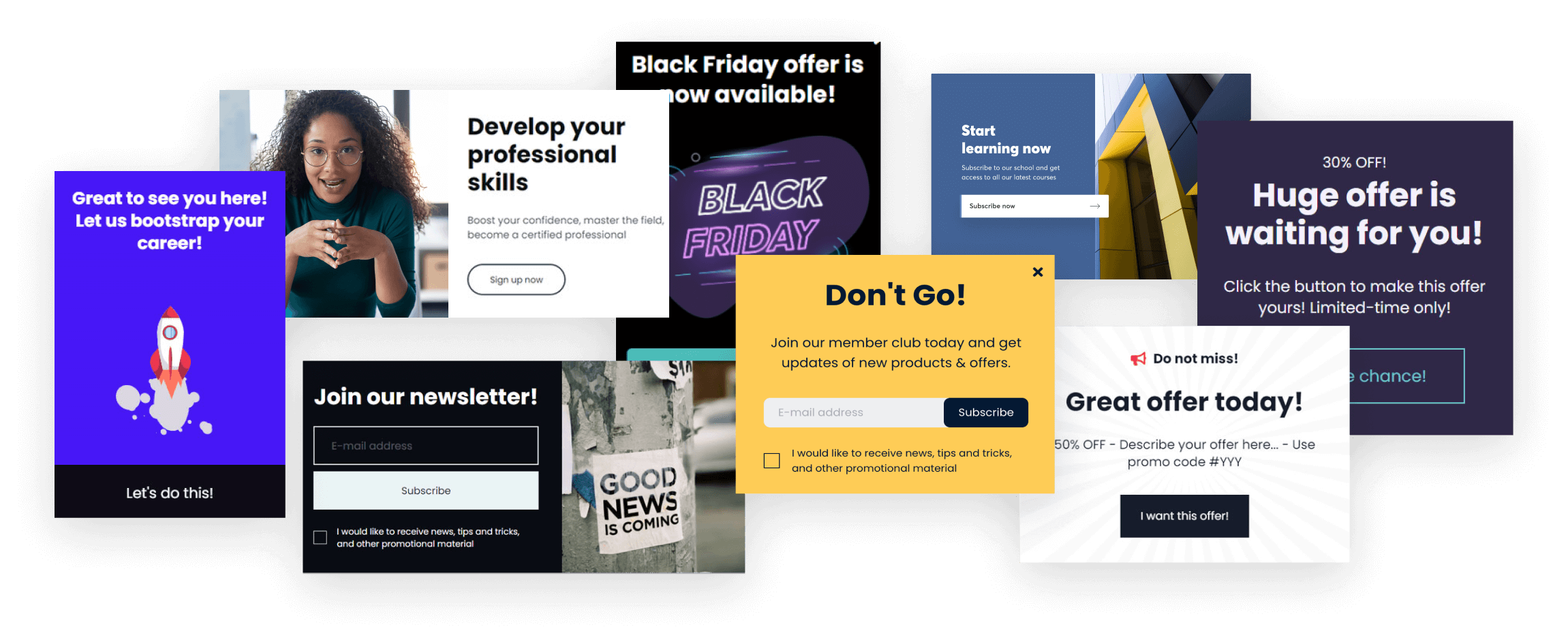 A collection of popup templates you can find inside LearnWorlds.