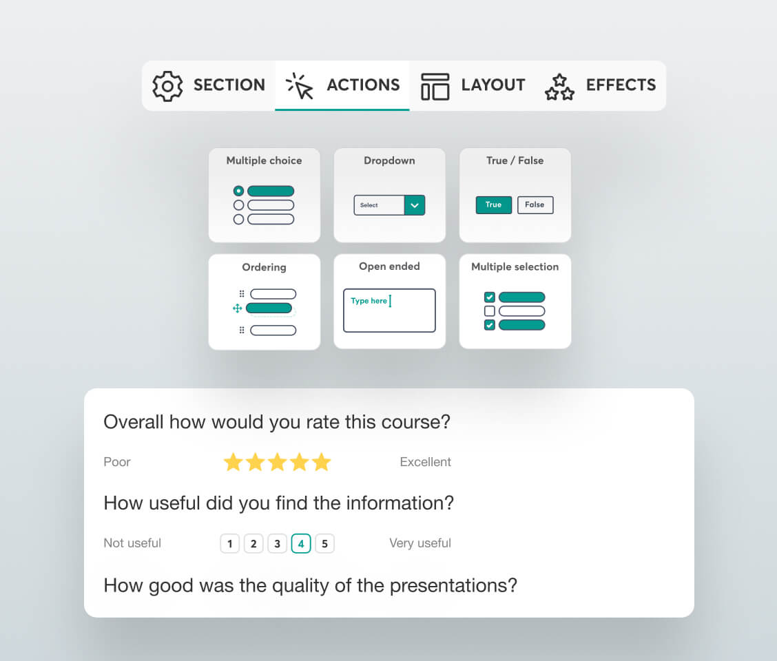Showcasing the various customization options inside LearnWorlds' Form and Survey Builder.