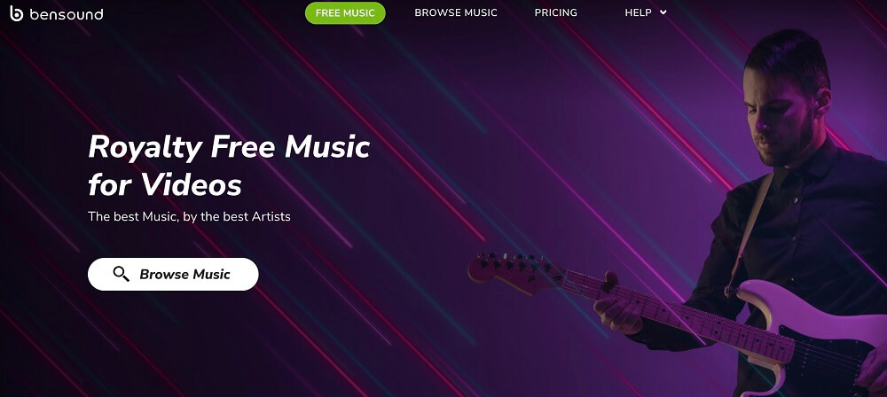 a screenshot of Bensound's landing page showing a musician playing an electric guitar in a purple background