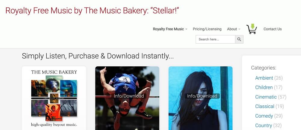 a screenshot of Music Bakery's landing page showing some available tracks with colorful images