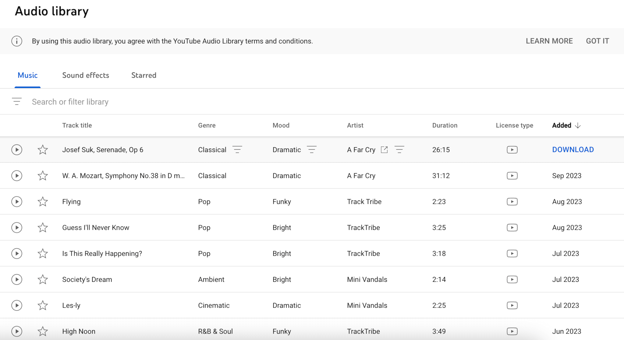a screenshot of Youtube's audio library with a list of available tracks