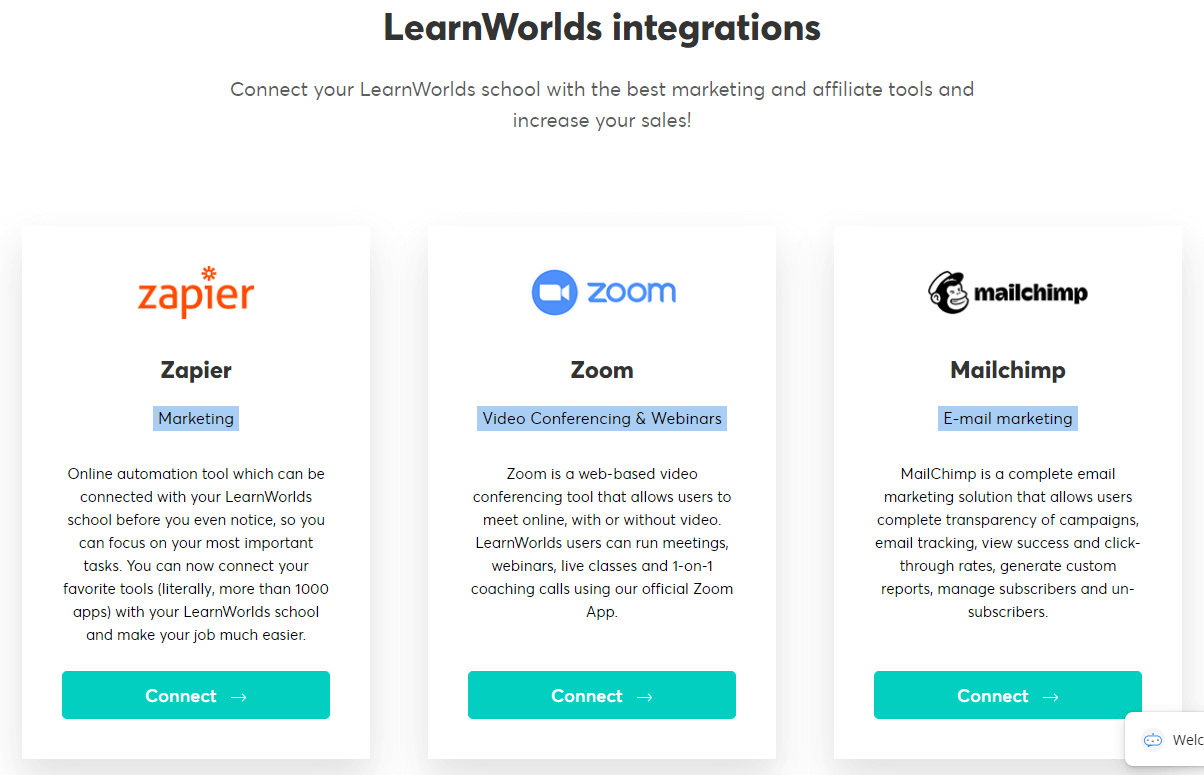 screenshot from LearnWorlds integrations page