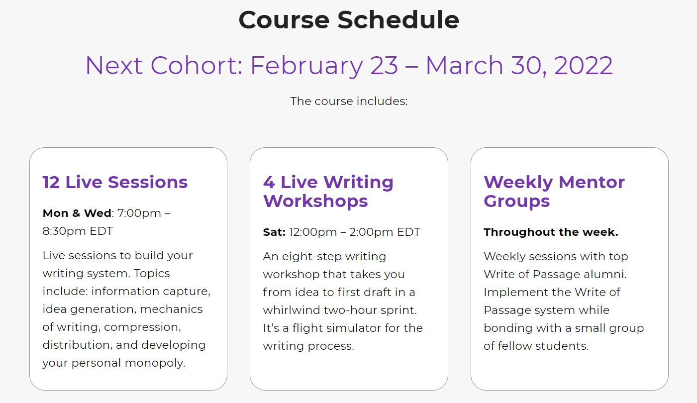 A screenshot of Write of Passage's course schedule.