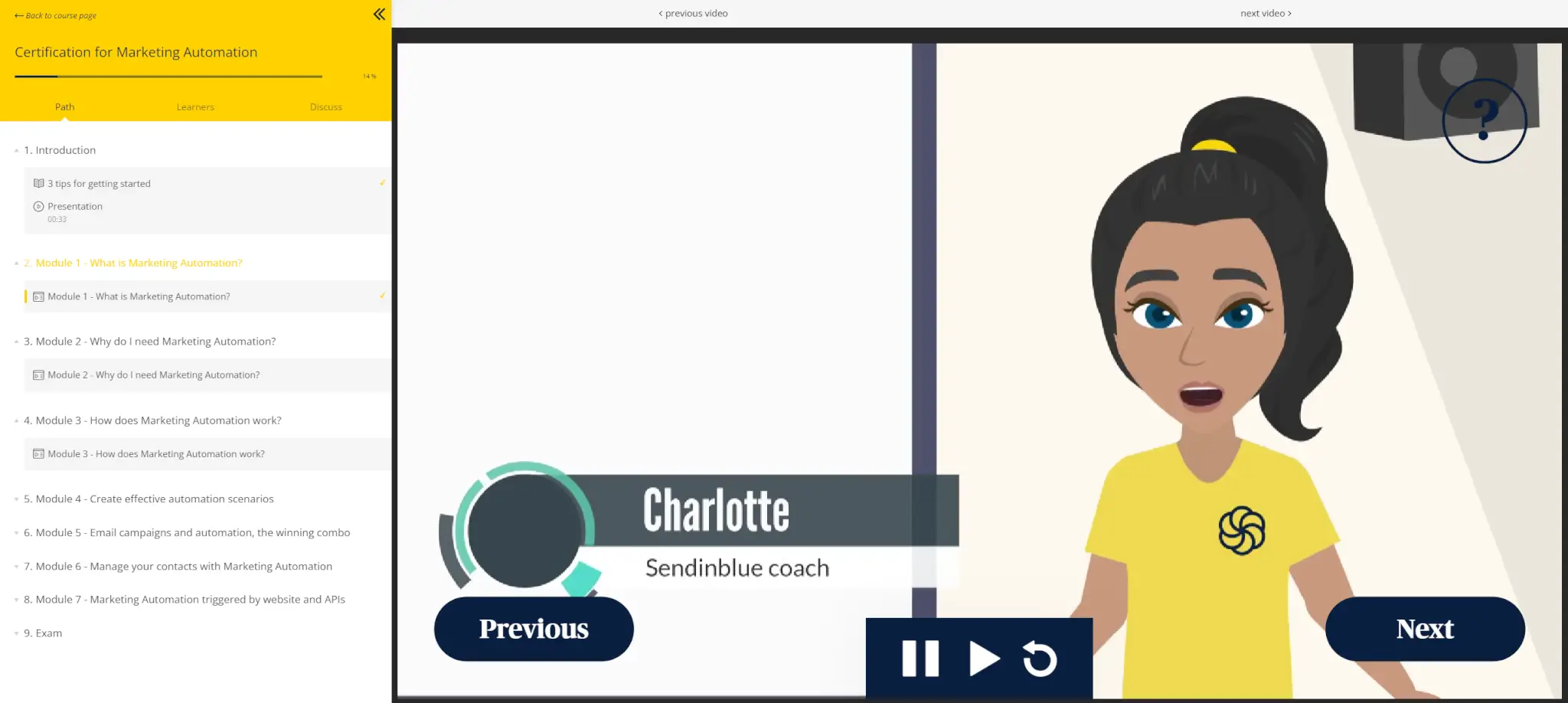 Sendinblue using LearnWorlds to deliver their SCORM courses. This is an example of a SCORM course showing an animated teacher with buttons to control the experience.