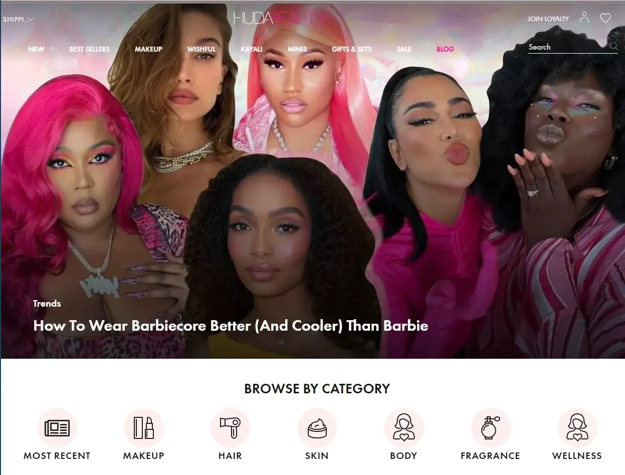 Huda Kattan's beauty blog screenshot, a blogger influencer example.