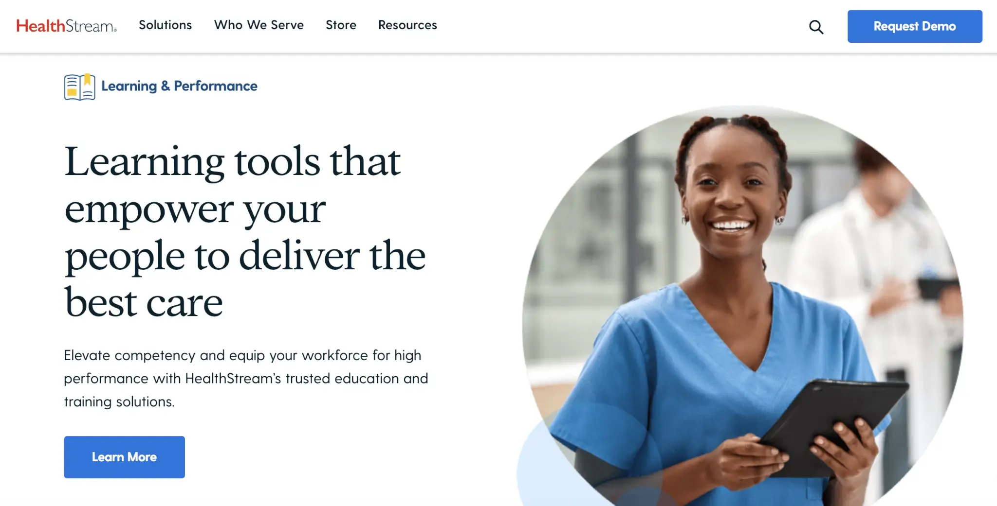 HealthStream landing page promoting learning tools for healthcare professionals, featuring a smiling nurse holding a tablet with a doctor in the background