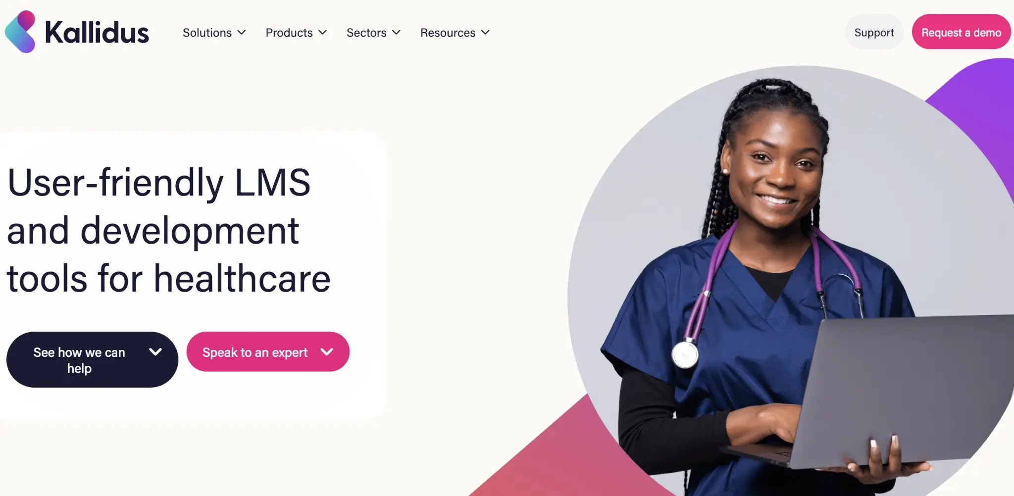 Kallidus landing page promoting user-friendly LMS and development tools for healthcare, featuring a smiling healthcare professional using a laptop.