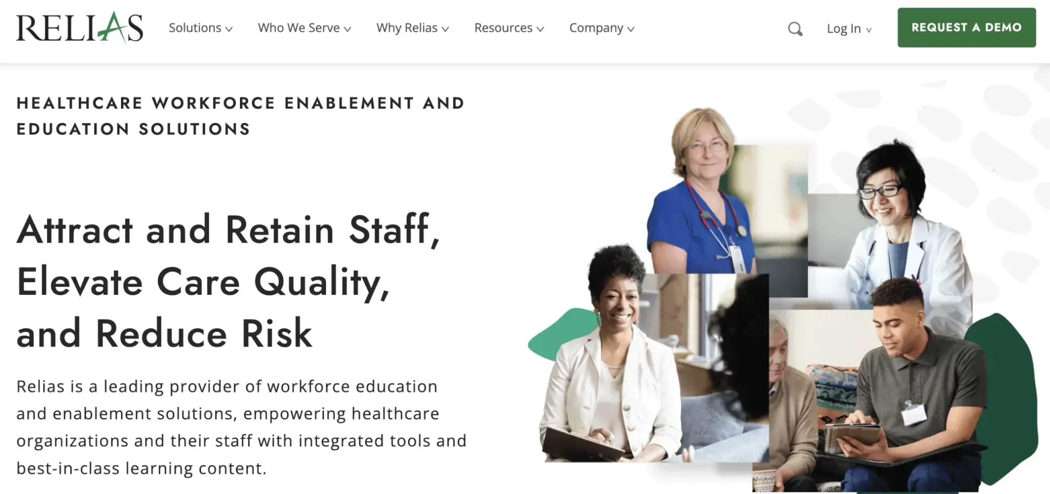 Relias landing page promoting healthcare workforce enablement and education solutions, featuring diverse healthcare professionals and staff members in various work settings