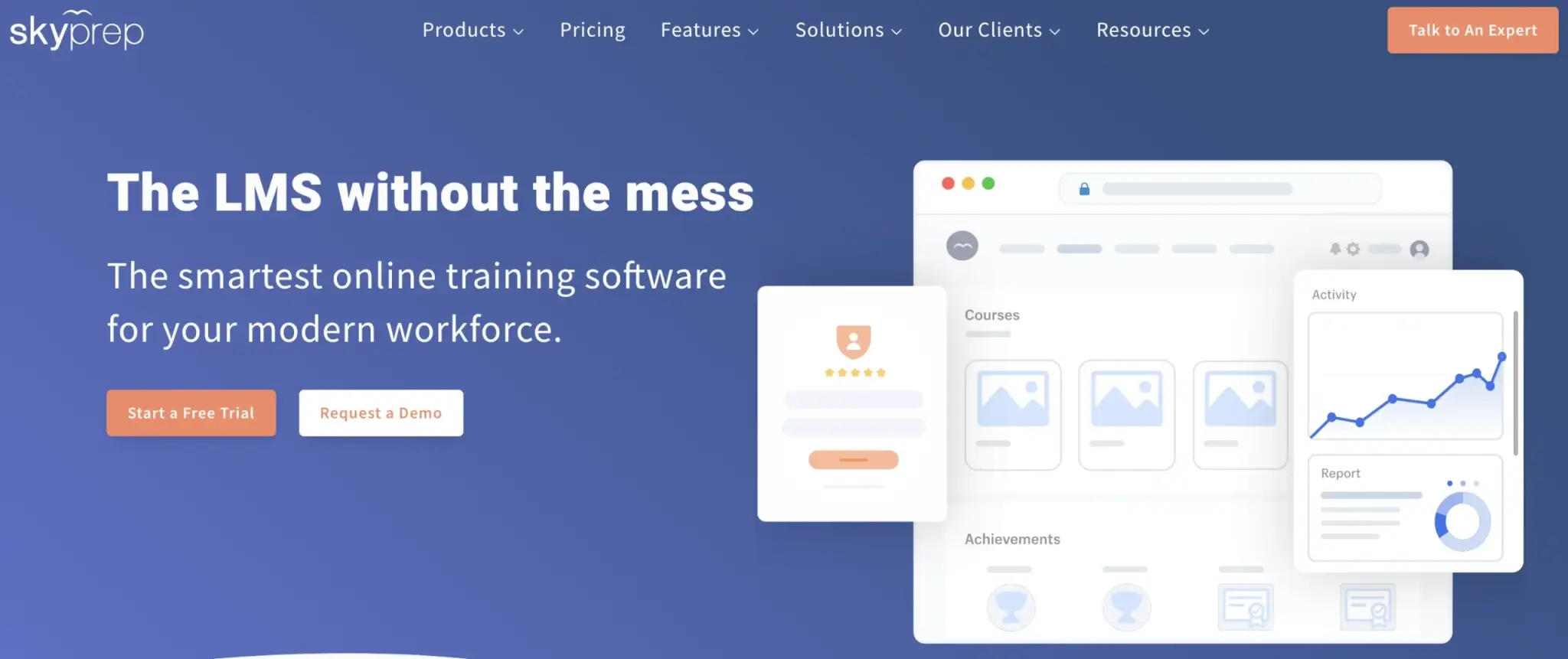 SkyPrep LMS landing page promoting online training software for modern workforces with an illustration of course management and activity tracking features.