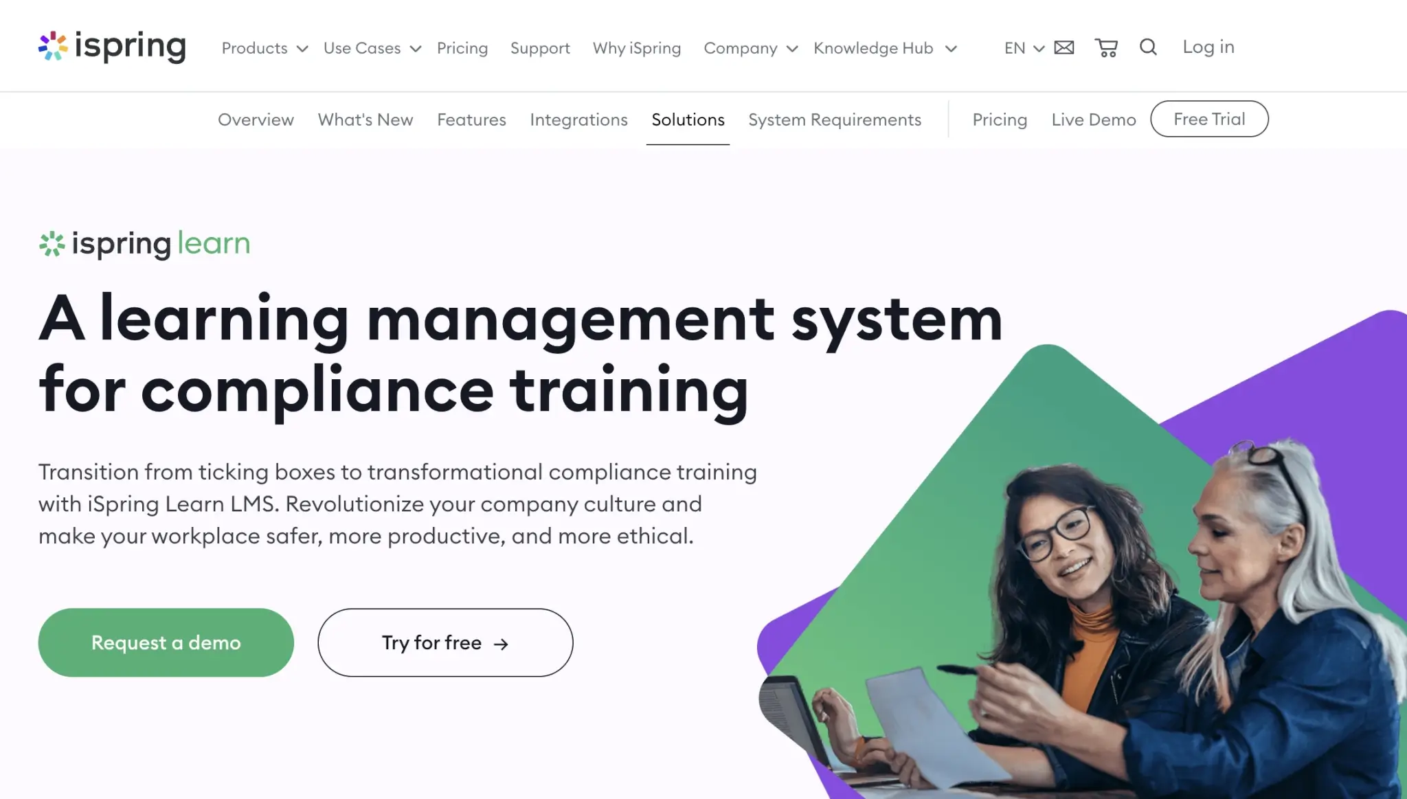 iSpring Learn LMS landing page promoting a learning management system for compliance training, featuring two women reviewing documents and working on a laptop.