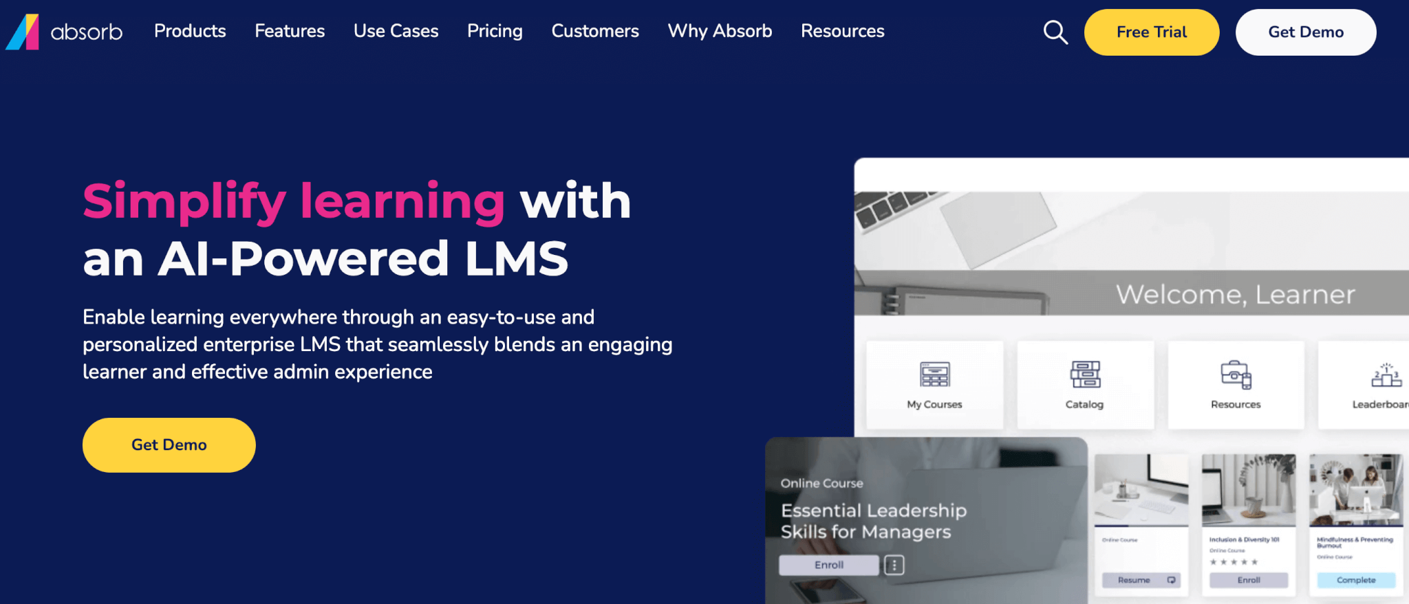 an image of Absorb LMS landing page showing the platform's home page