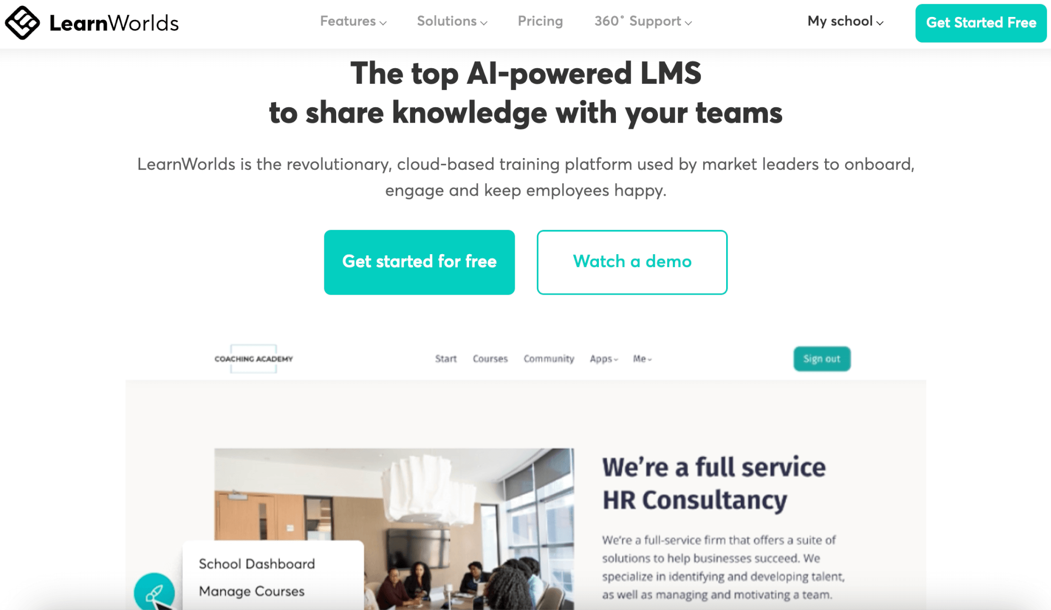 a screenshot of LearnWorlds landing page showing some employees having a meeting