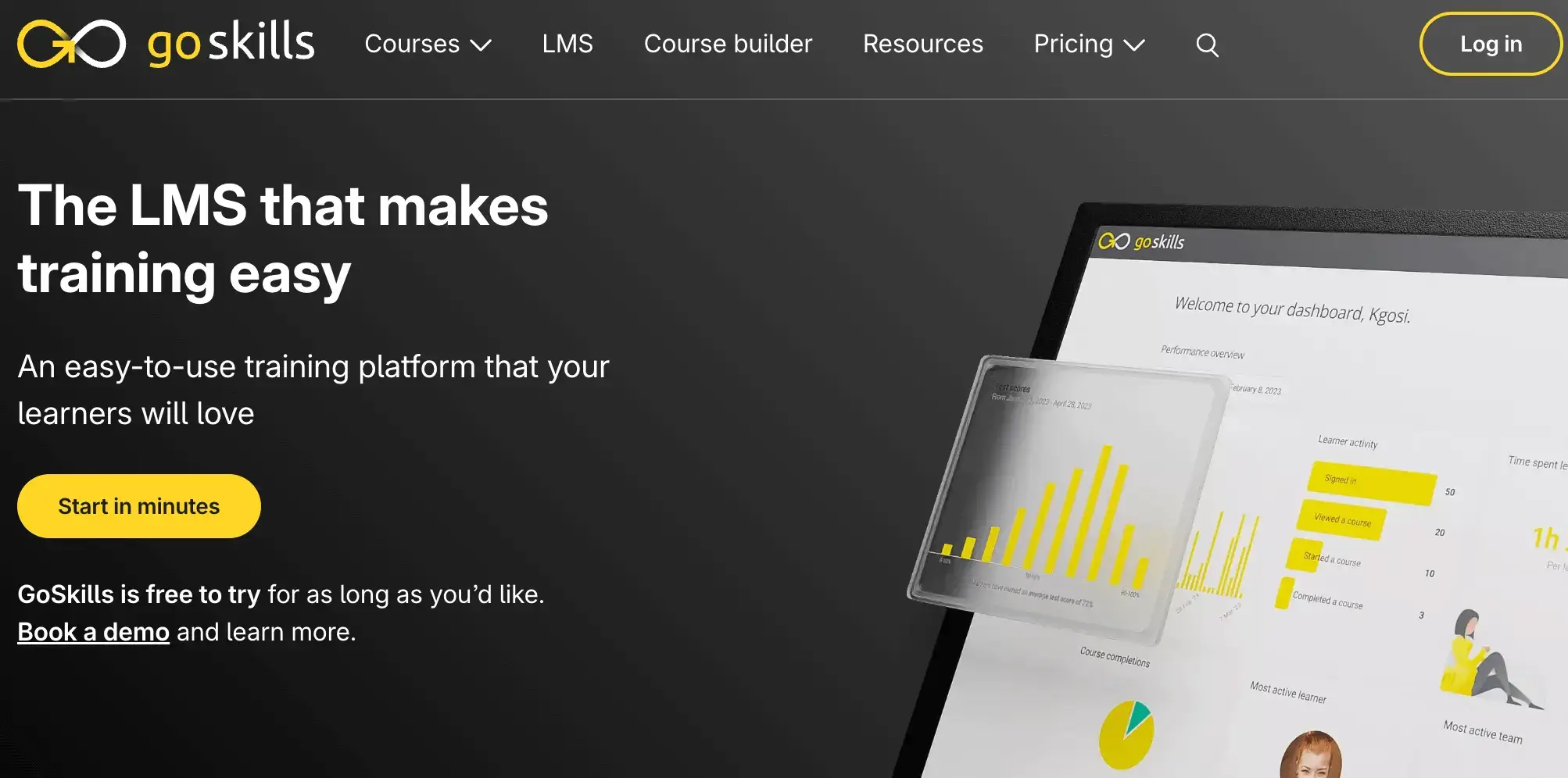 GoSkills LMS page with a dark theme, showcasing a training platform with an analytics dashboard featuring charts and learner activity metrics.