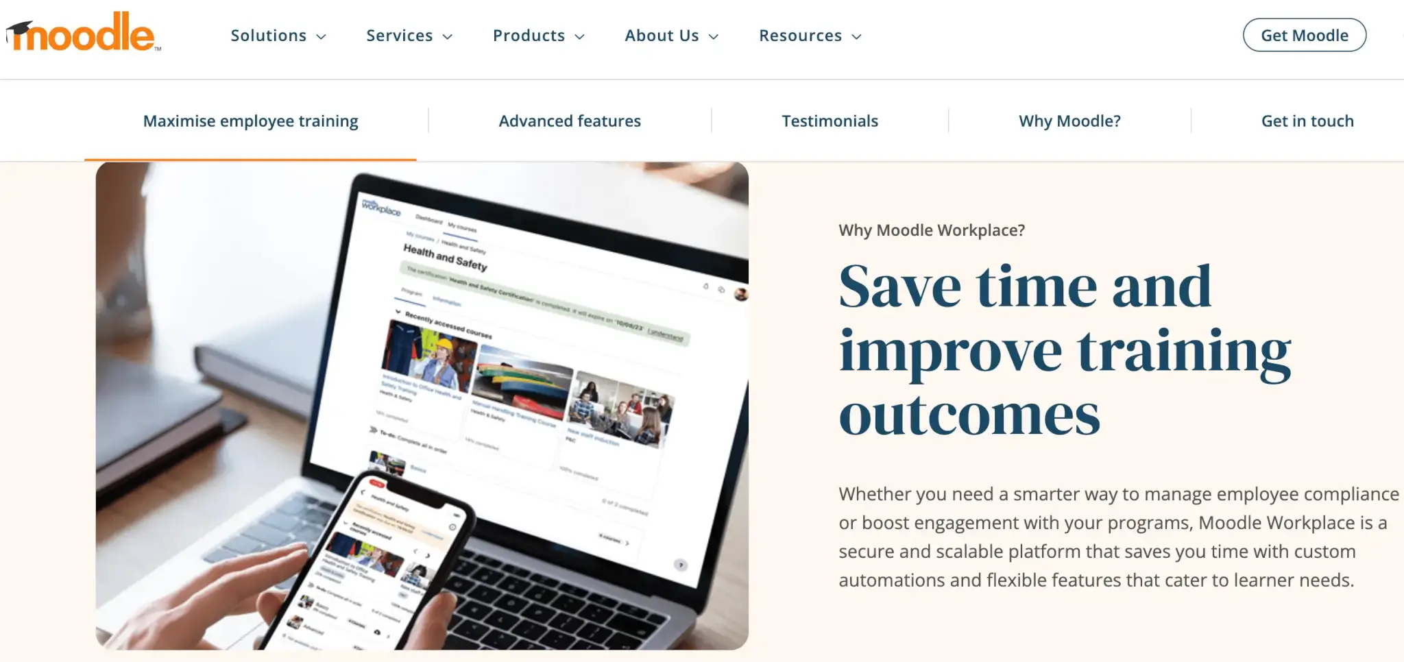 Moodle Workplace webpage highlighting employee training solutions, with an image of a training dashboard on a laptop and mobile device.