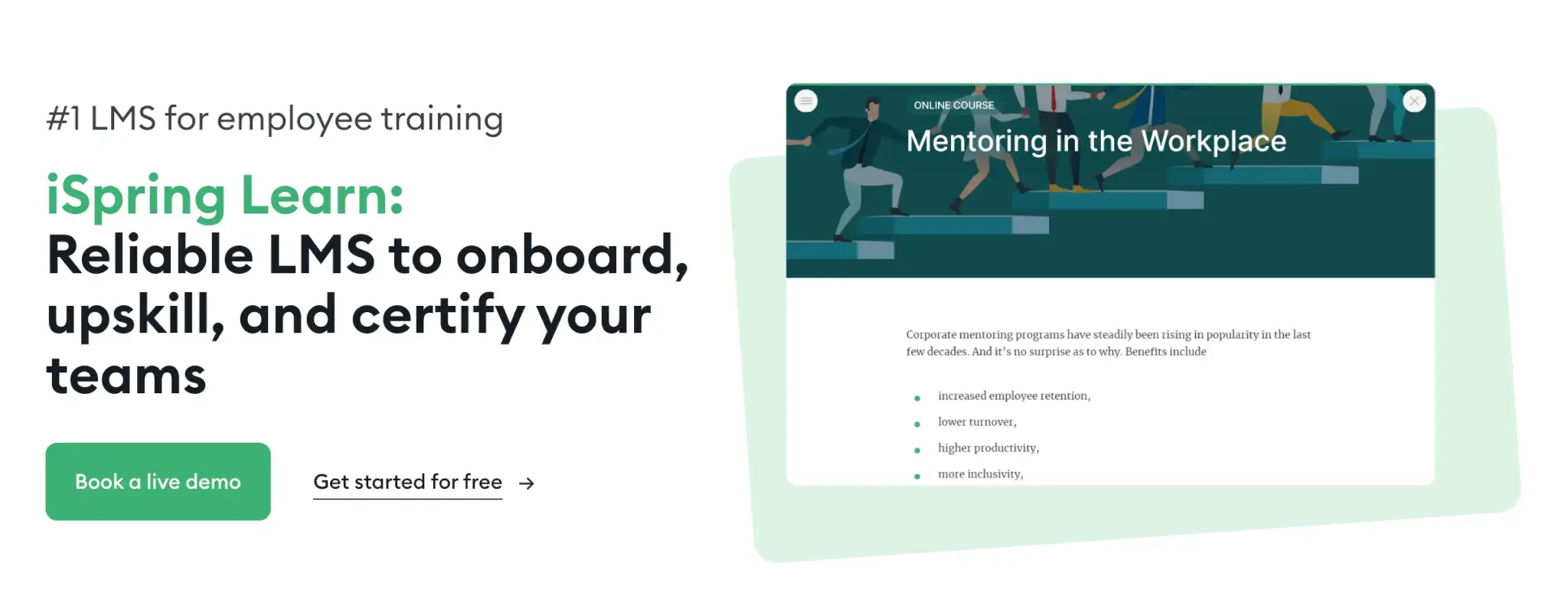 iSpring Learn LMS page promoting onboarding and upskilling, with an illustration of people climbing steps labeled 'Mentoring in the Workplace.'