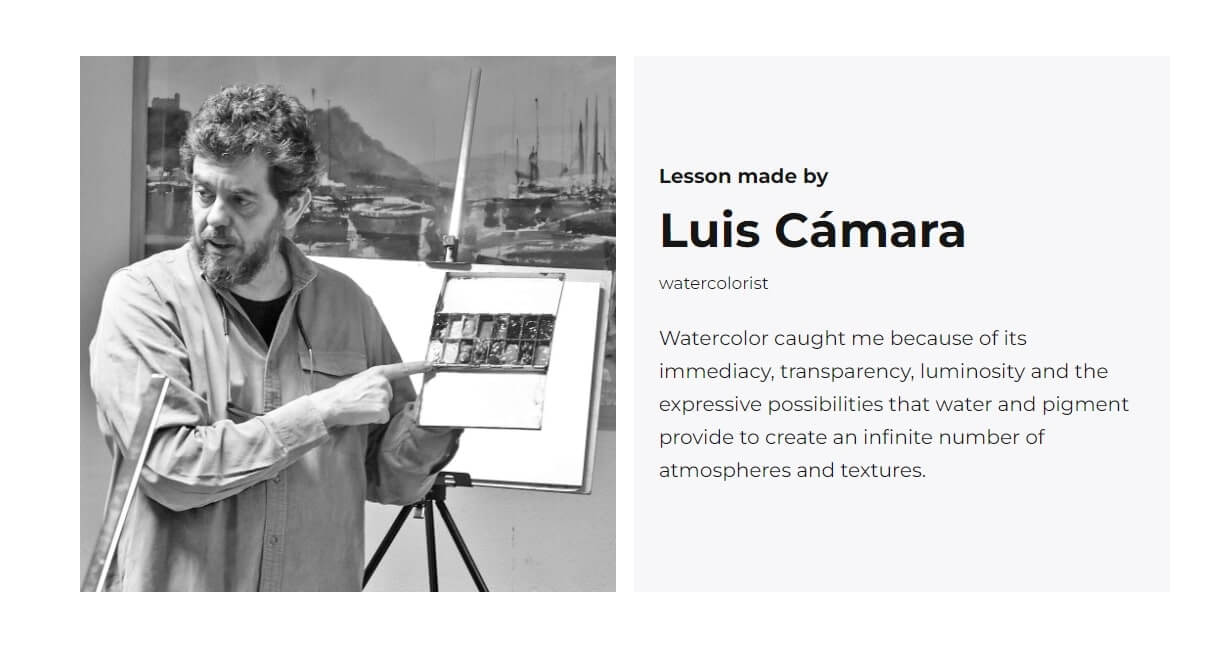 A screenshot of Lecciones De Acuarela's course page showing the course instructor in black and white and his comments on the course.