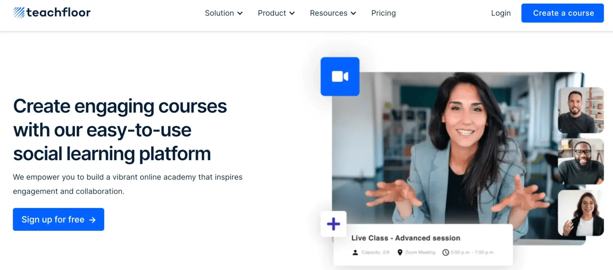 Teachfloor page with a social learning platform theme, featuring an image of an online class session with multiple participants.