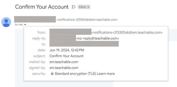 A screenshot showing Teachable's email address appearing on a user's email.