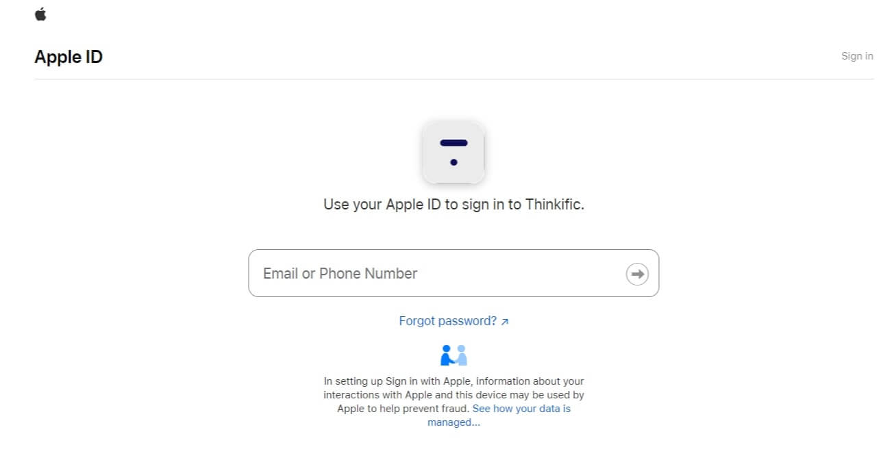 A screenshot showing Thinkific's social login option via Apple featuring the platform's logo and name.