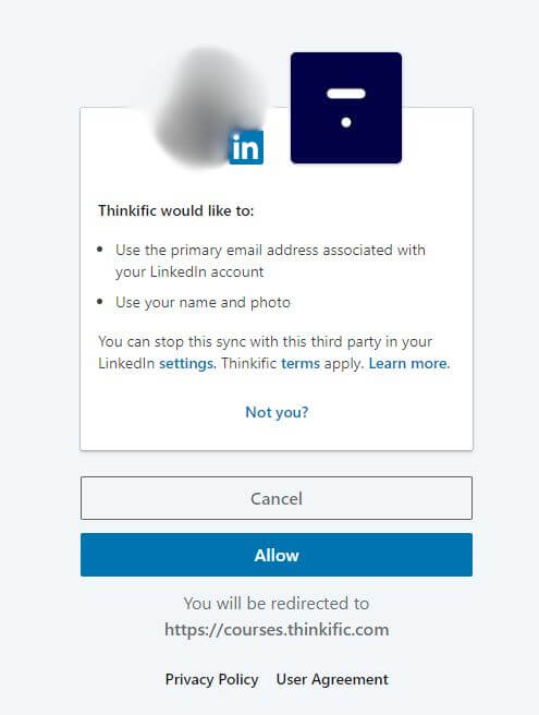 A screenshot showing Thinkific's social login option via LinkedIn featuring the platform's logo and name.