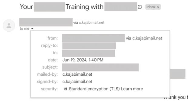 A screenshot showing Kajabi's email address appearing on a user's email.