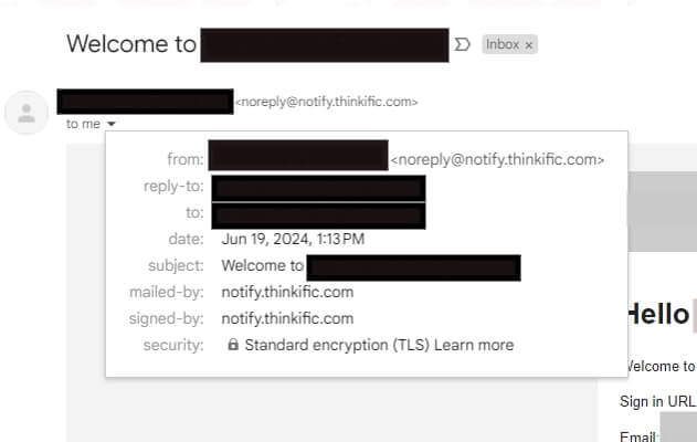 A screenshot showing Thinkific's email address appearing on a user's email.