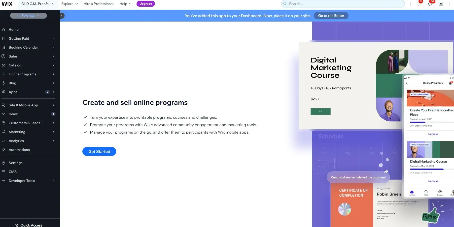 Dashboard to the Wix website to sell online courses.