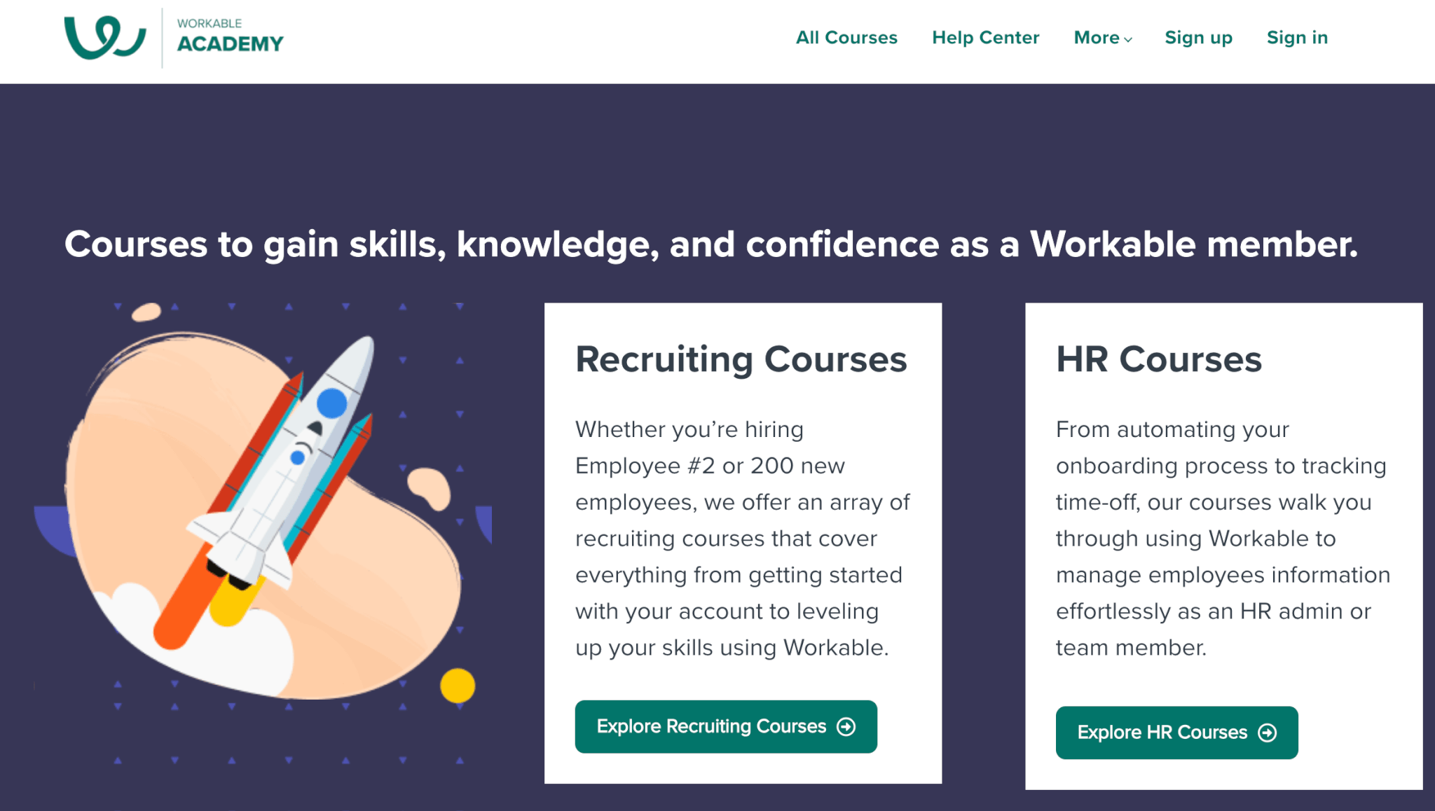  a screenshot of Workable Academy showcasing available courses in blue background with a flying rocket