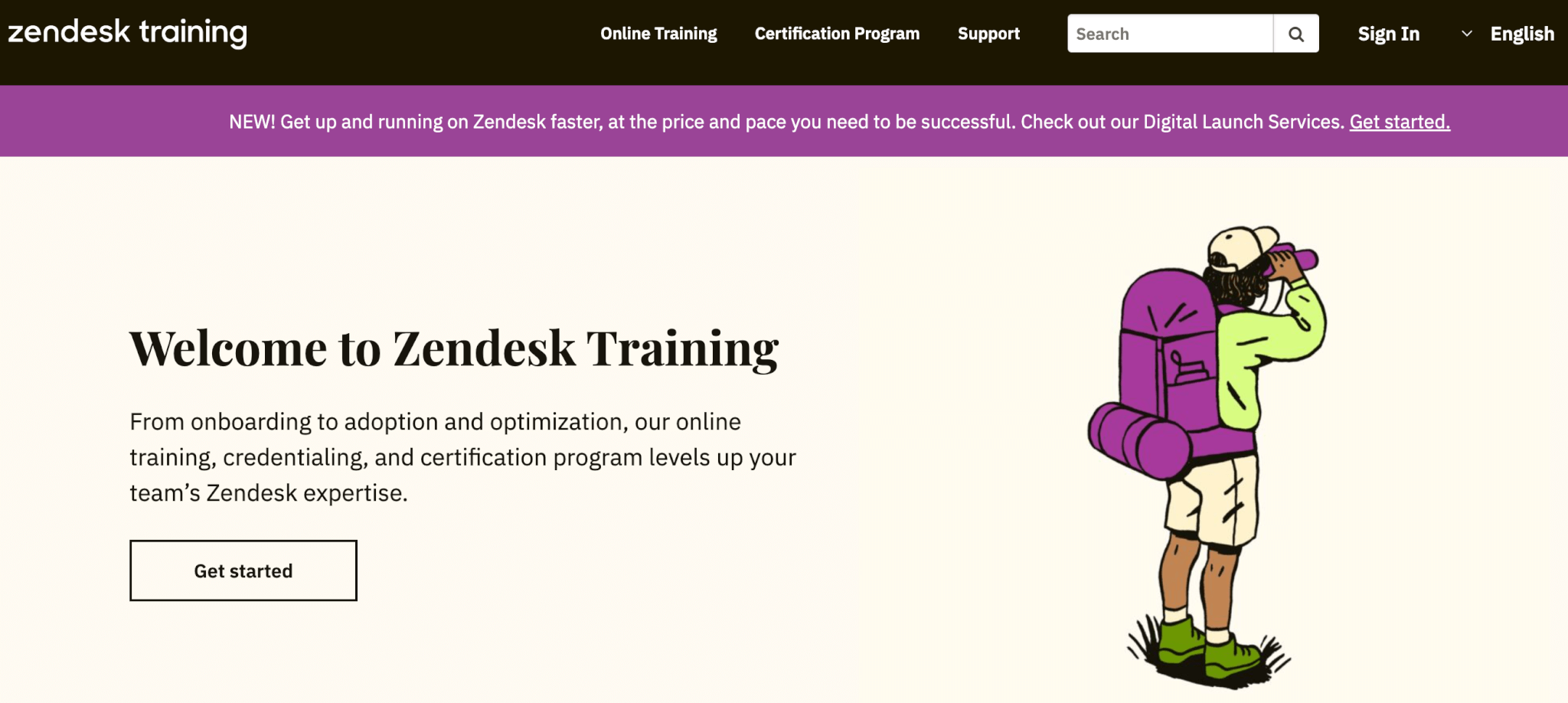 a screenshot of Zendesk Training Academy's welcome page showing an animated character with backpack