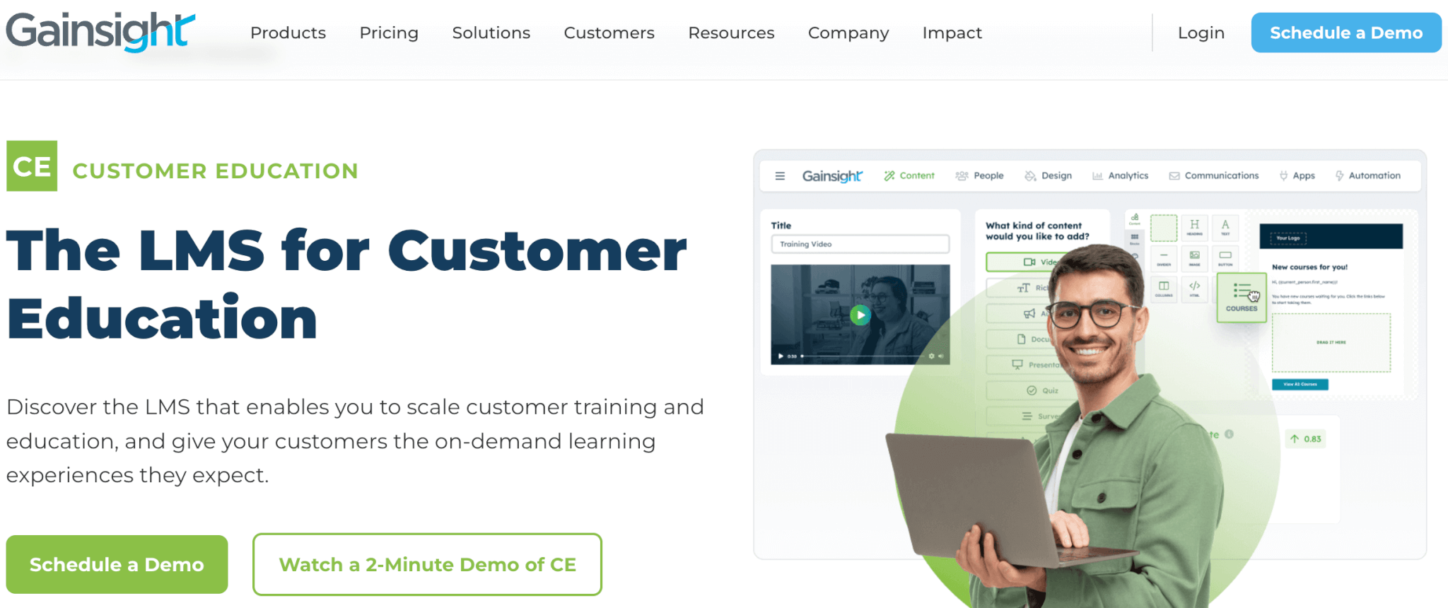 Gainsight landing page with a man hold a laptop and the tool's UI in the background