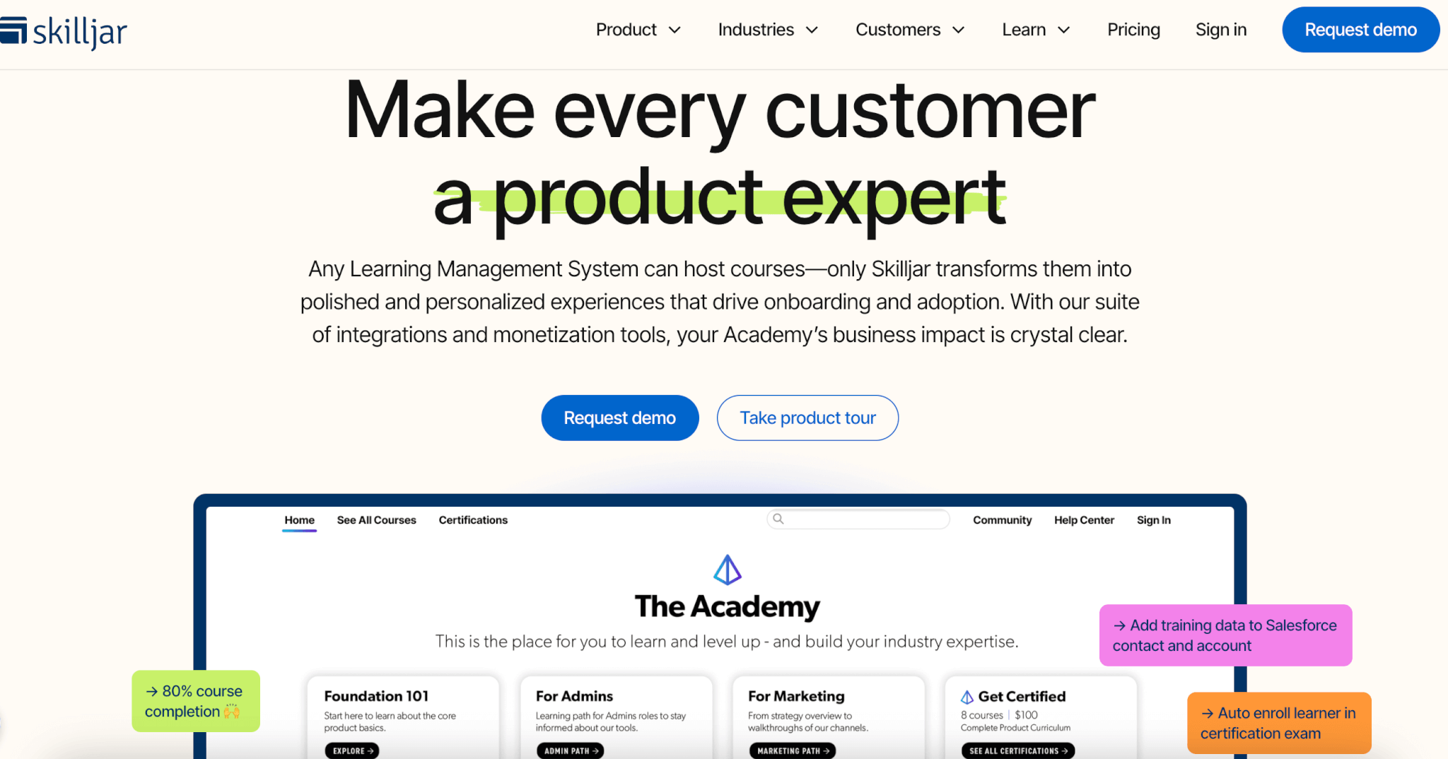 Skilljar landing page with a screenshot of an online academy