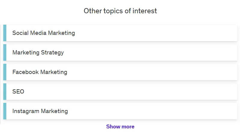 How Udemy shows other topics of interest to instructors for the interests of their students.