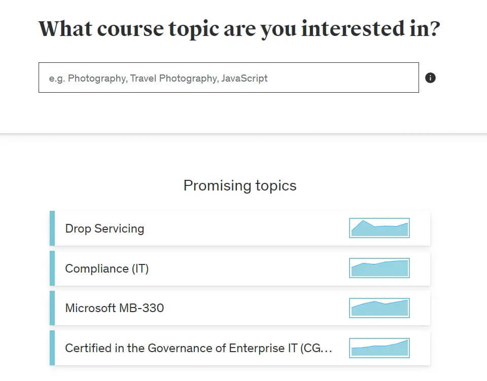 Topics of interest with growing importance by Udemy.