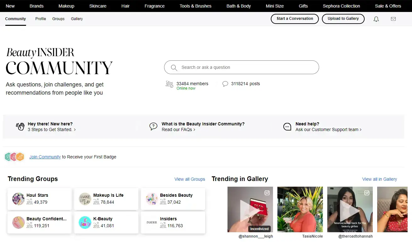 A screenshot of Sephora's Beauty Insider Community showing the above-the-fold section.