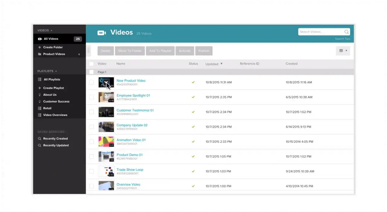 A screenshot of Brightcove's platform featuring the video gallery dashboard.