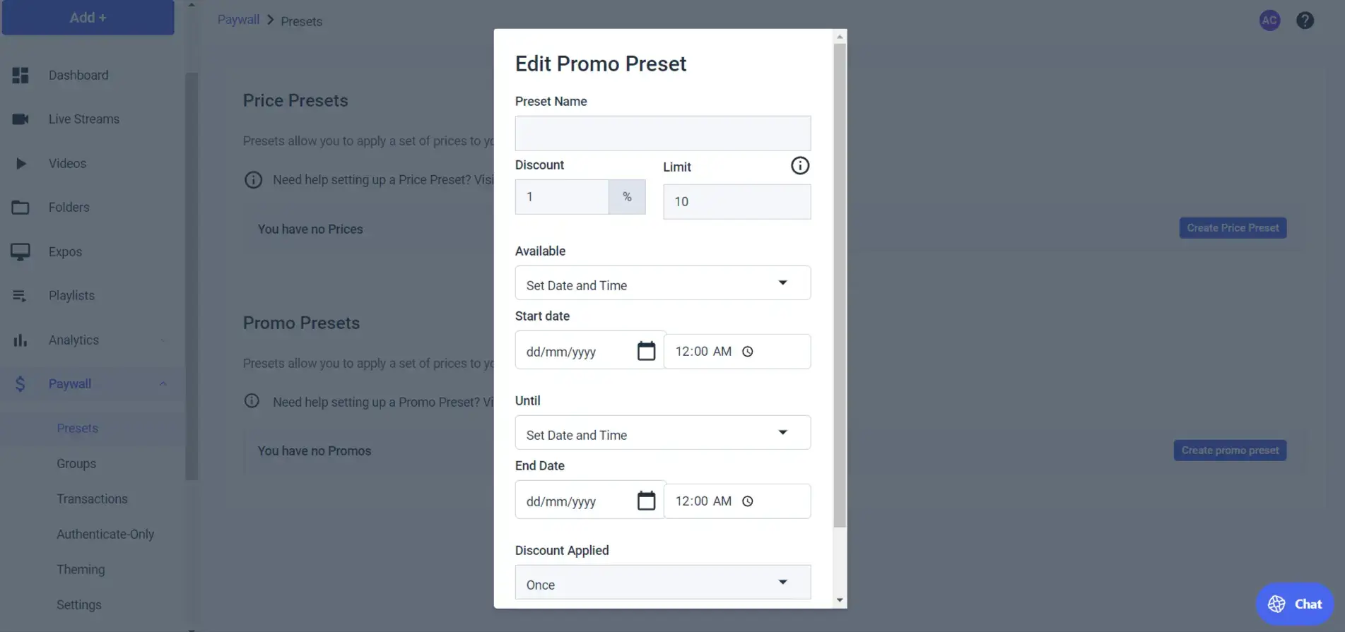 Adding price and promo presets in the Dacast interface