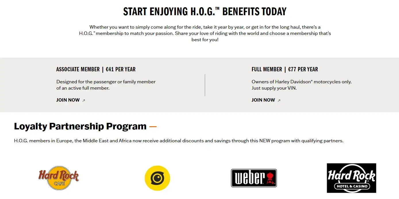 A screenshot featuring HOG's loyalty partnership program benefits.