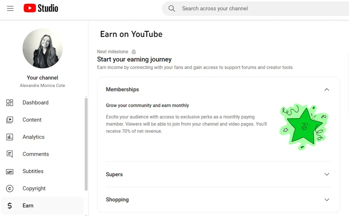 YouTube monetization options like Memberships, Supers, and Shopping