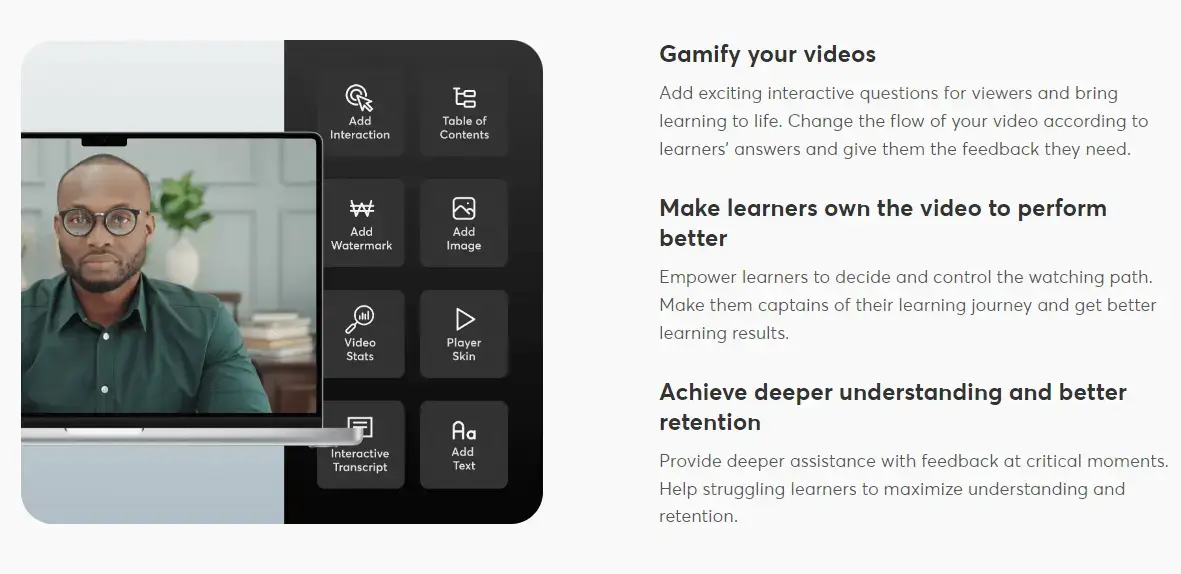 A screenshot of LearnWorlds' page featuring its interactive video and gamification capabilities.