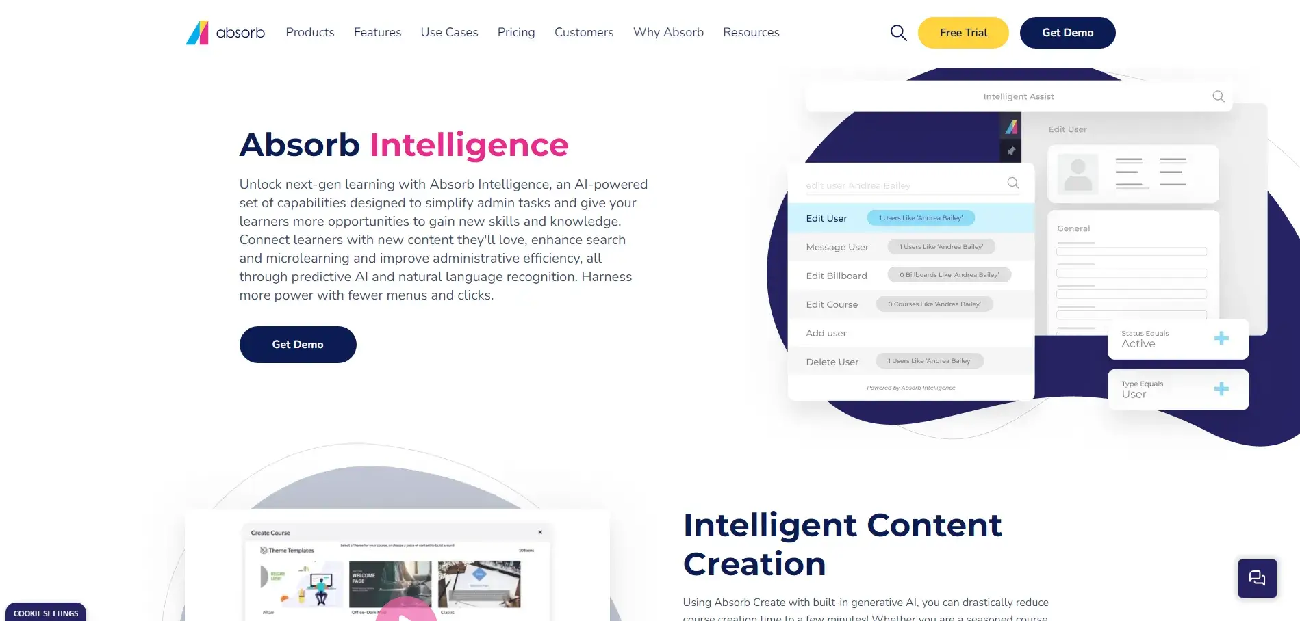 A screenshot of the Absorb LMS Intelligence web page.