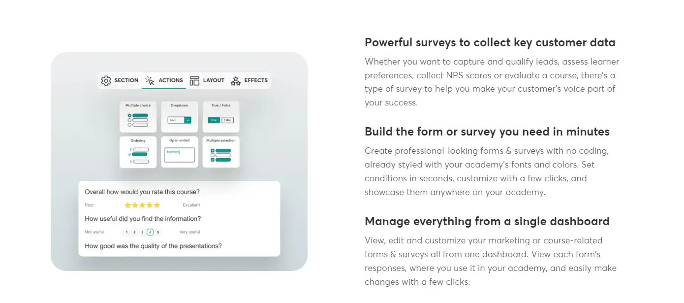 A screenshot of LearnWorlds graph and accompanying text hat presents its built-in Survey Builder.