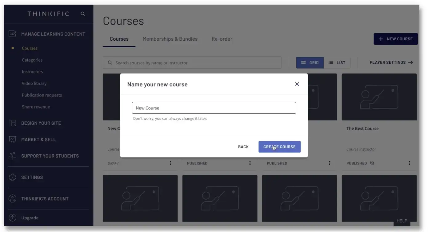 A screenshot showing Thinkific's course dashboard.