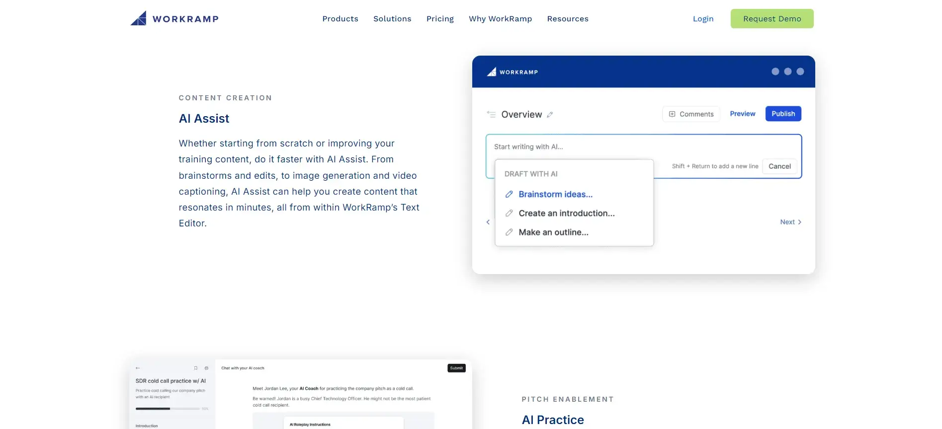 A screenshot of WorkRamp's website showing its AI Assist feature.