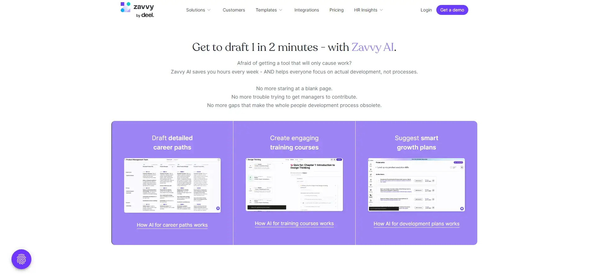 A screenshot of the Zavvy website showing Zavvy AI capabilities.