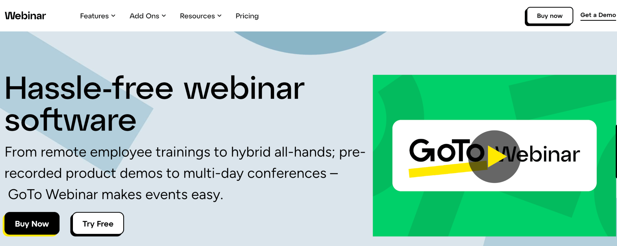 GoToWebinar landing page in light blue and green background featuring a brief product description