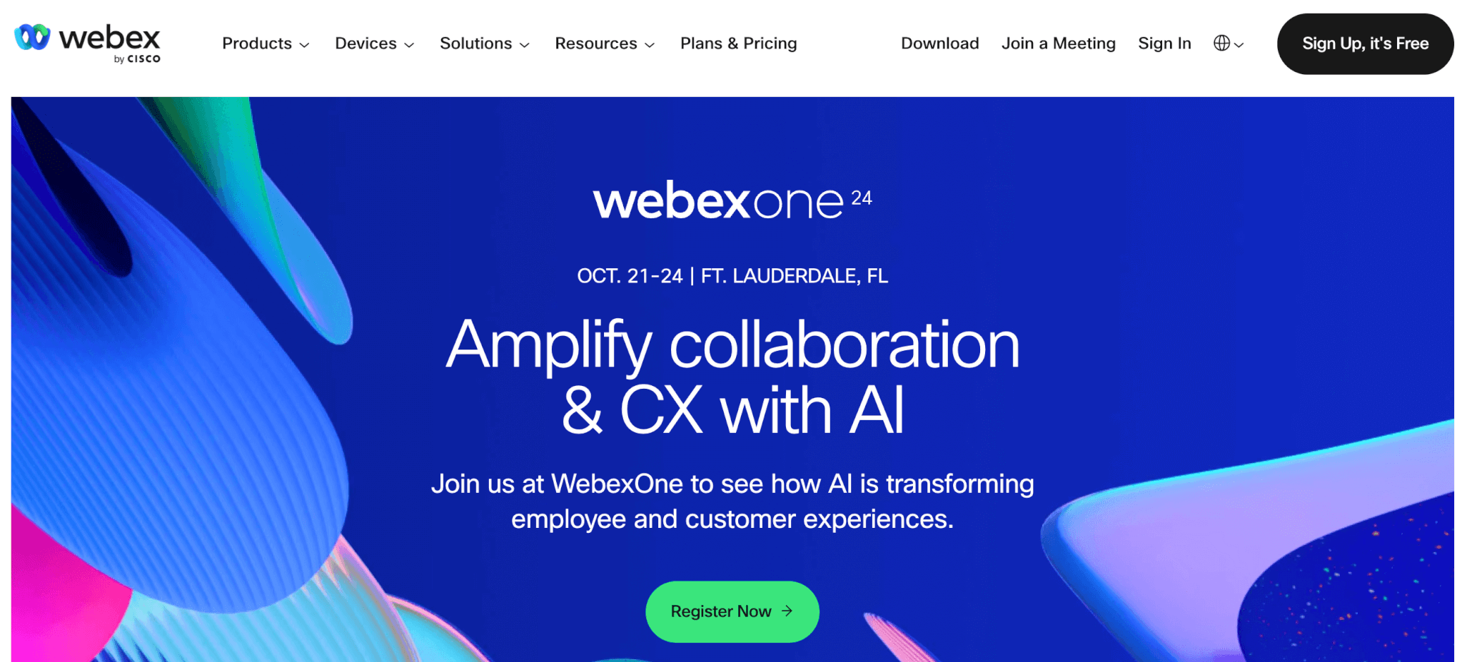 Webex landing page featuring a brief product description in colorful background in blue hues