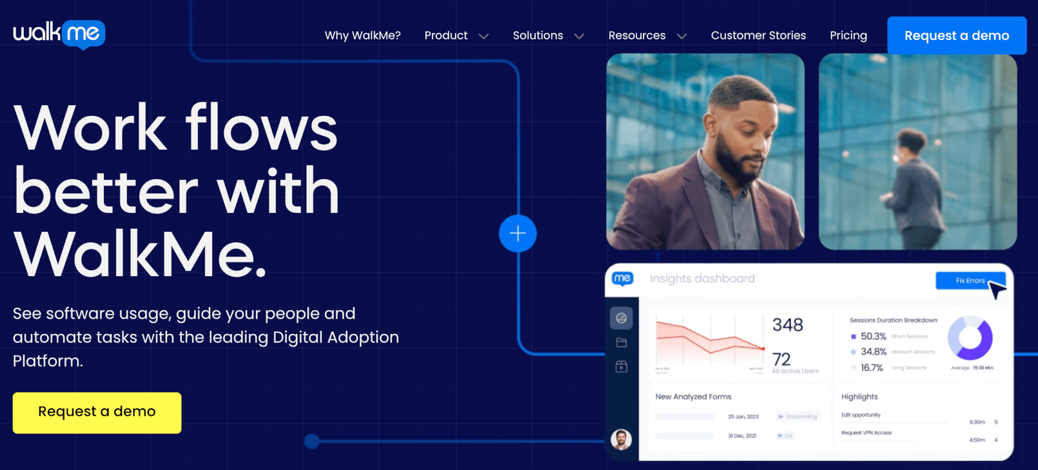 Walkme landing page showing a pie chart and two people in a corporate setting in blue background