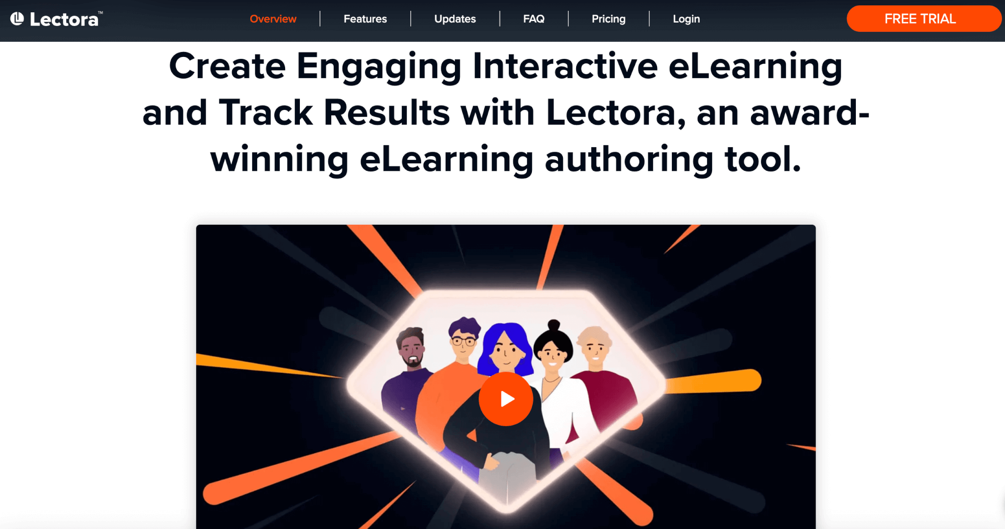 Lectora online landing page showing a bunch of animated characters in a course player