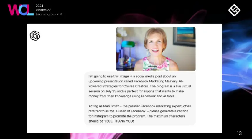 A screenshot showing a ChatGPT AI prompt example featured in Marie Smith's talk during WOL Summit 2024.
