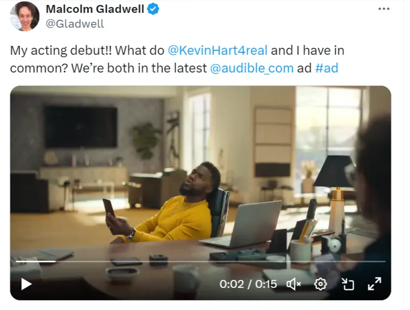 Successful creator-brand cross-promotion example between Audible, Malcolm Gladwell and Kevin Hart